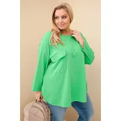 Kesi Włoski Womens Plus Size blouse with cotton, pocket, and rolled sleeves light green