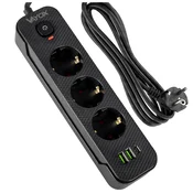 Vayox VA0467B-3 podaljšek 3 vtičnice 10A 2x USB-A 1x USB-C 1A stikalo 3m črne barve