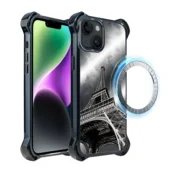 shumee Ovitek za iPhone 14 IBIZU DropGuard Ultra z MagSafe, črno mesto, Eifflov stolp