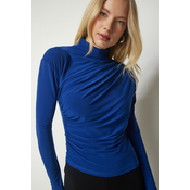 Happiness Istanbul Womens Blue Smocking Detail Standing Collar Sandy Blouse
