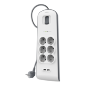 Prenapetostna zaščita BELKIN, 6x 220V, 2x USB, 2m, bela
