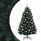 Vidaxl Umetna božična jelka, temno zelena, z bučkami 150 cm 150 LED