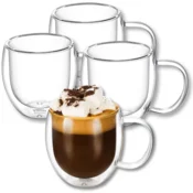 shumee Wilmax dvostenski termo kozarci z ročajem | komplet 4 kosov | 400 ml | kozarci za pitje | termo skodelice | kozarci za čaj | komplet kozarcev za latte macchiato