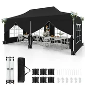 Costway Pop Up šotor 3x6 m črn s 6 stranskimi stenami in zadrgami na vhodih