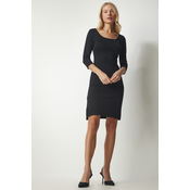 Happiness Istanbul Womens Black U-Neck Slit Woven Dress