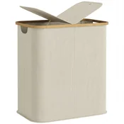 HOMCOM Košara za perilo 80L z 2 predeloma s pokrovom, iz netkanega blaga in bambusa, 54x34x58.5 cm, bež