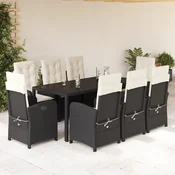 9-dijelni vrtni blagovaonski set s jastucima crni od poliratana Crna 190 cm table length