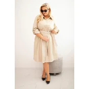 Kesi Plus Size womens dress made of eco-leather with a belt and collar beige