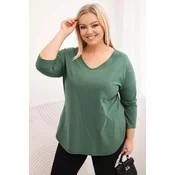 Kesi Plus Size womens cotton blouse with a V-neck and rolled sleeves dark khaki