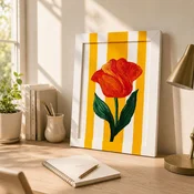 WallXpert rucno slikana uljana slika na platnu YBC11865, crvena lala na žuto-belim prugama, 26 x 36 cm