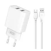 XO CE02C glavni punjac s 2 USB prikljucka, 10,5 W, brzo punjenje + microUSB kabel, BIJELI XO-CE02C