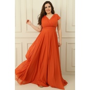 By Saygi Double Breasted Neck Lined Nail Sleeve Full Circle Flared Chiffon Tulle Plus Size Long Dress