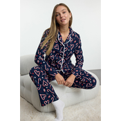 Trendyol Navy Blue 100% Cotton Christmas Themed Piping Knitted Pajamas Set