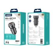 Avtopolnilec F4 3.0A 20W Type C/USB A s kablom 1m Lightning - črn