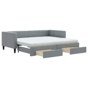 Vidaxl Izvlečna dnevna postelja s predali svetlo siva 90x190 cm blago