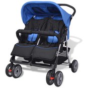 VIDAXL jekleni otroški voziček za dvojčke, moder-črn