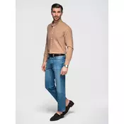 Ombre Mens linen shirt with stand-up collar and pocket REGULAR FIT - light brown