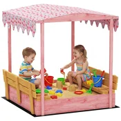 AIYAPLAY Peskovnik za otroke 3-6 let s senčnikom flamingo, zložljivimi sedeži, vključenim pokrovom in oblogo, peskovnik za otroke iz smrekovega lesa, 134.5x127.5x130 cm, roza