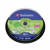 VERBATIM CD-RW disk, ponovno zapisiv, SERL, 700 MB, 8–10x, 10 komada, na vretenu 43480