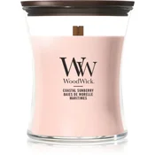 Woodwick Coastal Sunberry dišeča sveča z lesenim stenjem 275 g