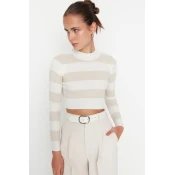 Trendyol Ecru Crop Cotton Striped Knitwear Sweater