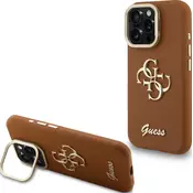 Guess PU Grained 4G Logo stojalo z okvirjem zadnji ovitek za iPhone 15 Pro rjav