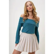 Trend Alaçati Stili Womens Oil Madonna Collar Interlock Fabric Blouse