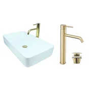 shumee GTM Design Aufsatzwaschbecken 61 cm Glanz Set mit Waschtischbatterie und Stopfen - Aufsatzwaschbecken Rechteckiges für Badezimmer - Modern Waschbecken ohne Hahnloch - Waschbecken mit Armature