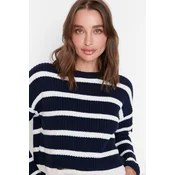 Trendyol Navy Blue Crop Basic Striped Knitwear Sweater