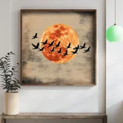 WallXpert uramljena MDF slika DOS018-33, jato crnih ptica ispred narandžastog meseca, 34 x 34 cm