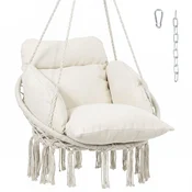 OUTSUNNY Boho slog viseči stol na prostem z resami, blazino, vrvmi in obroči, viseči vrtni stol iz jekla, bombaža in poliestra, nosilnost do 120 kg, 80x60x40 cm, krem