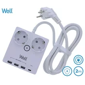 Well EXTS-2S2M-USBC4-WL električni podaljšek s prenapetostno zaščito, 2xSCHUKO, 3xUSB-A, 1xUSB-C, 16A, 3680W