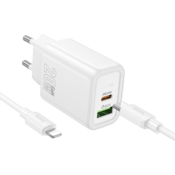 Hoco Punjač N61 GaN PD 20W USB-A, Type C s kablom Type C na Lightning za iPhone - bijeli