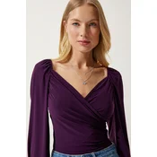 Happiness Istanbul Womens Damson Elastic Balloon Sleeve Sandy Knitted Blouse