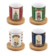 Set of 4 porcelain cups, 110 ml, with bamboo saucers, Festive Avenue