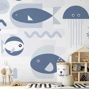 shumee Foto tapeta - Minimalističen ocean - geometrijske ribe in raki v vodi za otroke