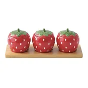 3-piece strawberry-shaped porcelain appetizer bowl set, with bamboo tr