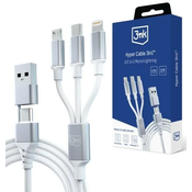 3MK Hyper Cable 3in1 USB-A/USB-C - USB-C/Micro/Lightning 1.5m White Cable