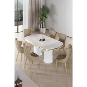 Hanah Home trpezarijski set Galya, sto i 6 stolica, ploca u dekoru belog mermera, zlatne noge, kapucino tkanina Babyface