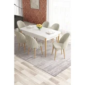 Hanah Home trpezarijski set Elf, sto na razvlacenje i 6 stolica, bela ploca, noge u prirodnoj boji drveta, krem tkanina Babyface