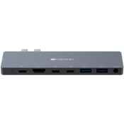 CANYON DS-8 Multiport Docking Station with 8 port, 1*Type C PD100W+2*Type C data+2*HDMI+2*USB3.0+1*Audio. Input 100-240V, Output USB-C PD100W USB-A 5V/1A, Aluminium alloy, Space gray, 135*48*10mm, 0.056kg