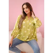 Kesi Włoski Linen Womens Blouse with Floral Pattern, Long Sleeves, and Buttons kiwi