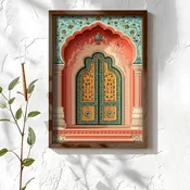 WallXpert uramljena MDF slika NAL044-70, tirkizna vrata sa zlatnim ornamentima u koralnom luku, 50 x 70 cm