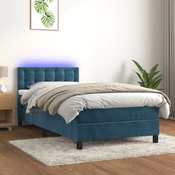 Greatstore Box spring postelja z vzmetnico LED temno modra 90x190 cm žamet