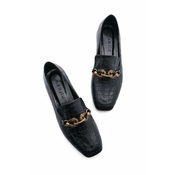 Marjin Womens Loafers Chain Accessorized Loafers Casual Shoes Alva Black Croco
