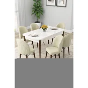 Hanah Home trpezarijski set Rut, sto na razvlacenje i 6 stolica, bela ploca, noge boje oraha, krem tkanina Babyface