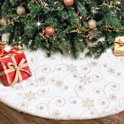 Nikcorp Podložka pod božično drevo plišasta okrogla z zlatimi snežinkami premer 122 cm, elegantna osnova za drevesa 150–210 cm, praktično zapenjanje, enostavno čiščenje s sesalnikom, bela