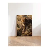 WallXpert uramljena slika 115254, leopard na steni medu zlatnim cvetovima, 50 x 70 cm, ram u boji prirodnog drveta