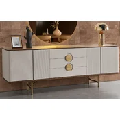 Casa Padrino luxury sideboard light gray/brown/brass 220 x 50 x H. 80 cm - Solid wood cabinet with 4 doors and 3 drawers - Solid wood furniture - Luxury furniture - Luxury furnishings