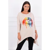 Oversize blouse with beige rainbow lip print